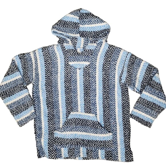 Earth Ragz Mexican Blanket Pullover Striped Hoodie, Unisex L (White/Blue/Navy) - Picture 1 of 7